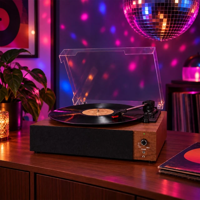 Alt view image 7 of 7 - Core Innovations Vinyl Record Player, Portable Bluetooth Turntable | 3-Speed Vinyl Player with Built-In Stereo Speakers, Rechargeable Battery, Walnut Wood-Grain Finish for Home & Gifts