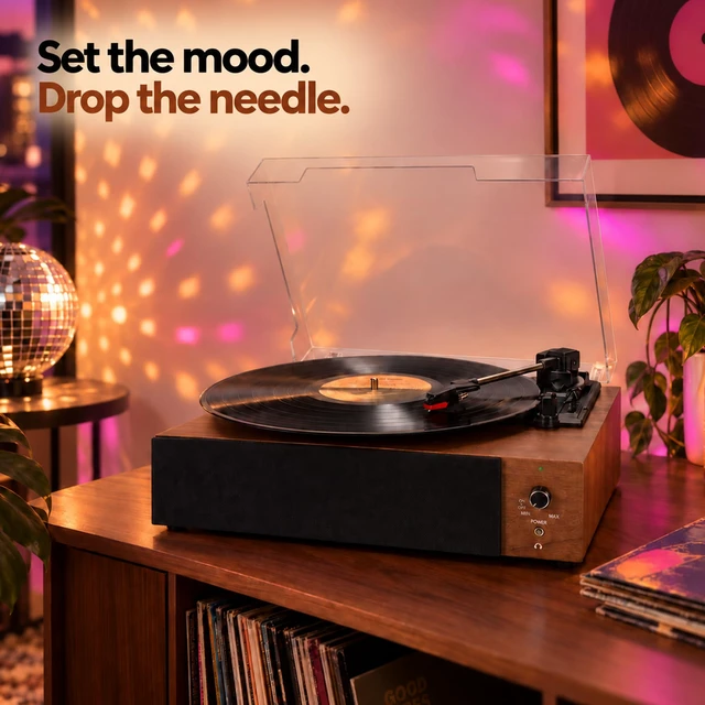 Alt view image 6 of 7 - Core Innovations Vinyl Record Player, Portable Bluetooth Turntable | 3-Speed Vinyl Player with Built-In Stereo Speakers, Rechargeable Battery, Walnut Wood-Grain Finish for Home & Gifts