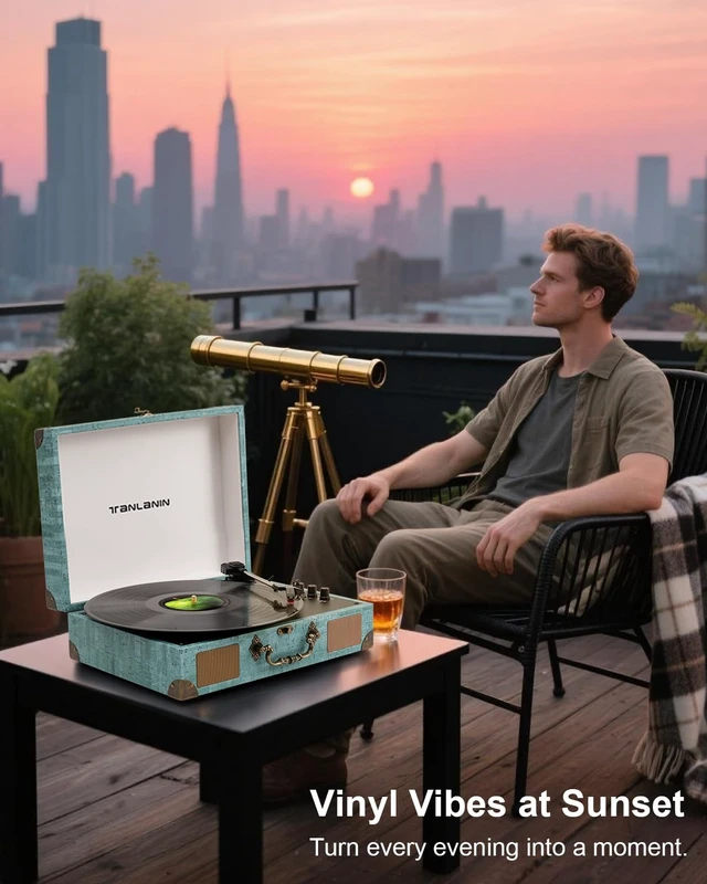 Alt view image 5 of 7 - TANLANIN Suitcase Record Player with Speakers, Bluetooth in/Out, Turquoise | Vintage portable turntable, 3-speed auto stop, bass/treble control, belt drive, RCA/AUX and headphone jack, home decor gift