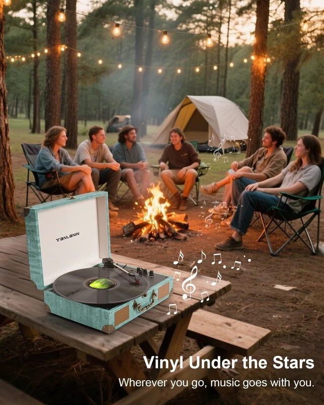 Alt view image 6 of 7 - TANLANIN Suitcase Record Player with Speakers, Bluetooth in/Out, Turquoise | Vintage portable turntable, 3-speed auto stop, bass/treble control, belt drive, RCA/AUX and headphone jack, home decor gift