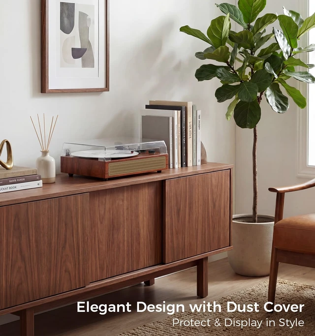 Alt view image 5 of 7 - MANGOSTAN Walnut Bluetooth Record Player, Vintage 3-Speed Turntable | Warm walnut wood style with Bluetooth, 3-speed playback, stereo speakers, belt-drive design and vintage home decor appeal.
