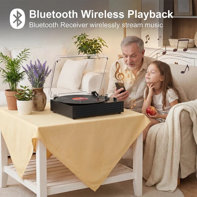 Alt view image 2 of 7 - Bluetooth Turntable Vinyl Record Player, 3-Speed Record Player with Built-in Speakers,USB Recording, AUX in Auto Stop, Belt-Drive LP Player Black