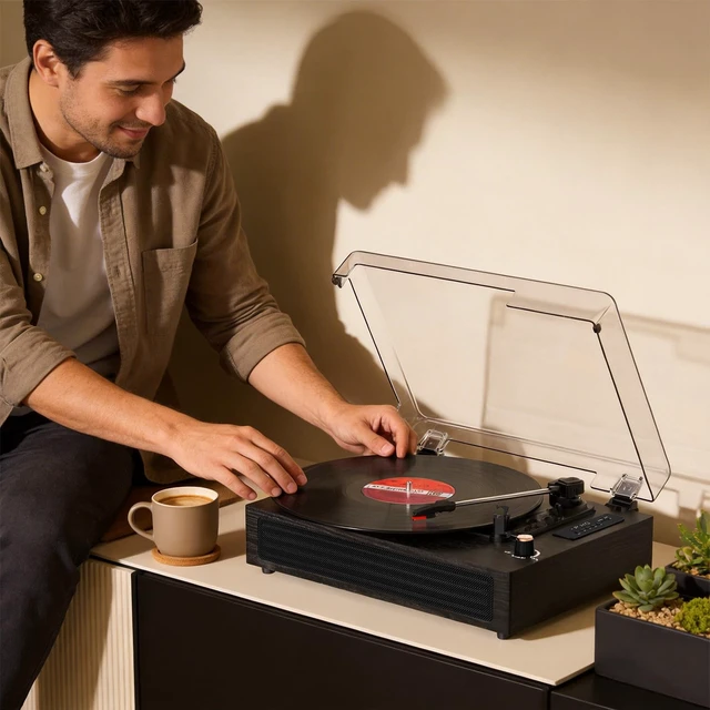 Alt view image 3 of 7 - Bluetooth Turntable Vinyl Record Player, 3-Speed Record Player with Built-in Speakers,USB Recording, AUX in Auto Stop, Belt-Drive LP Player Black