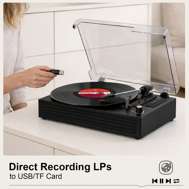 Alt view image 5 of 7 - Bluetooth Turntable Vinyl Record Player, 3-Speed Record Player with Built-in Speakers,USB Recording, AUX in Auto Stop, Belt-Drive LP Player Black