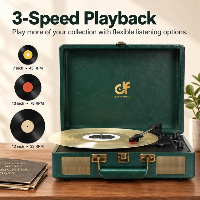 Alt view image 2 of 7 - Vintage Green Suitcase Record Player - 33,45& 78 RPM Speed Turntable with Bluetooth, USB Recording, MP3 Converter, Speakers, Emerald Green