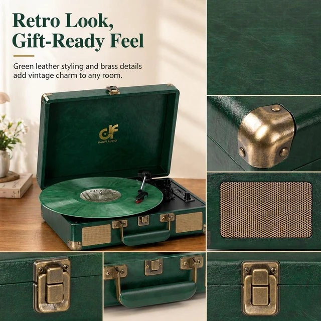Alt view image 4 of 7 - Vintage Green Suitcase Record Player - 33,45& 78 RPM Speed Turntable with Bluetooth, USB Recording, MP3 Converter, Speakers, Emerald Green