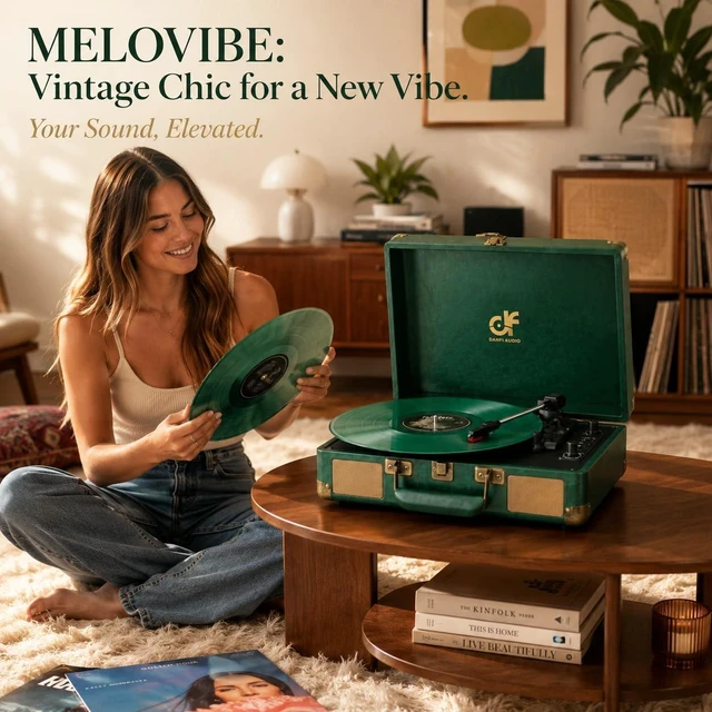 Alt view image 5 of 7 - Vintage Green Suitcase Record Player - 33,45& 78 RPM Speed Turntable with Bluetooth, USB Recording, MP3 Converter, Speakers, Emerald Green