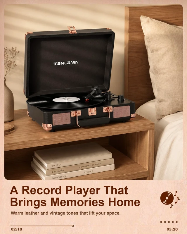 Alt view image 5 of 7 - Retro Suitcase Vinyl Record Player with USB Recording, Bluetooth in, Black | Built-in Stereo Speakers, Portable 3-speed turntable plays 7/10/12" Records, LED display, belt driven, RCA/Headphone Jack