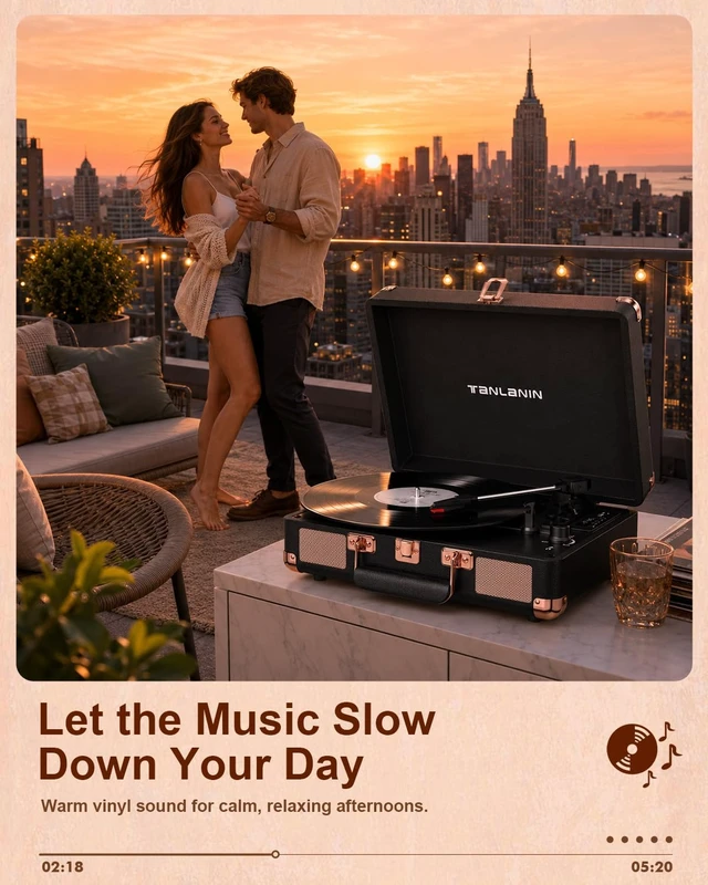 Alt view image 6 of 7 - Retro Suitcase Vinyl Record Player with USB Recording, Bluetooth in, Black | Built-in Stereo Speakers, Portable 3-speed turntable plays 7/10/12" Records, LED display, belt driven, RCA/Headphone Jack
