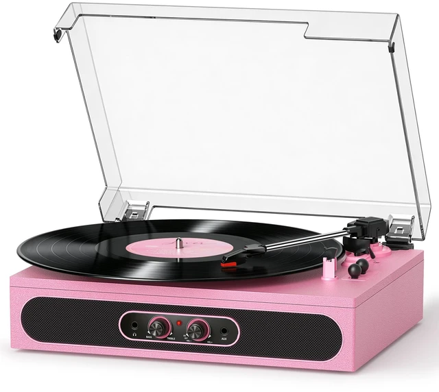 Main image of Pink Vinyl Record Player with Built-in Speakers, 3-Speed Belt-Driven Turntable for Vinyl Records, Wireless Bluetooth, Tone Adjust Control, RCA, AUX, Headphone Jack & Dust Cover