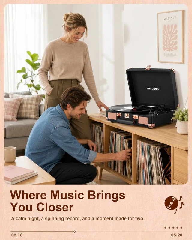 Alt view image 7 of 7 - Retro Suitcase Vinyl Record Player with USB Recording, Bluetooth in, Black | Built-in Stereo Speakers, Portable 3-speed turntable plays 7/10/12" Records, LED display, belt driven, RCA/Headphone Jack