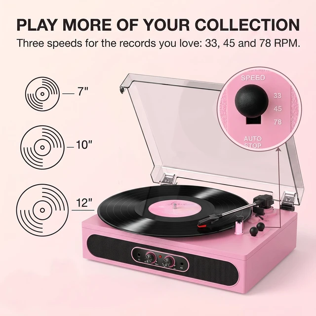 Alt view image 4 of 7 - Pink Vinyl Record Player with Built-in Speakers, 3-Speed Belt-Driven Turntable for Vinyl Records, Wireless Bluetooth, Tone Adjust Control, RCA, AUX, Headphone Jack & Dust Cover