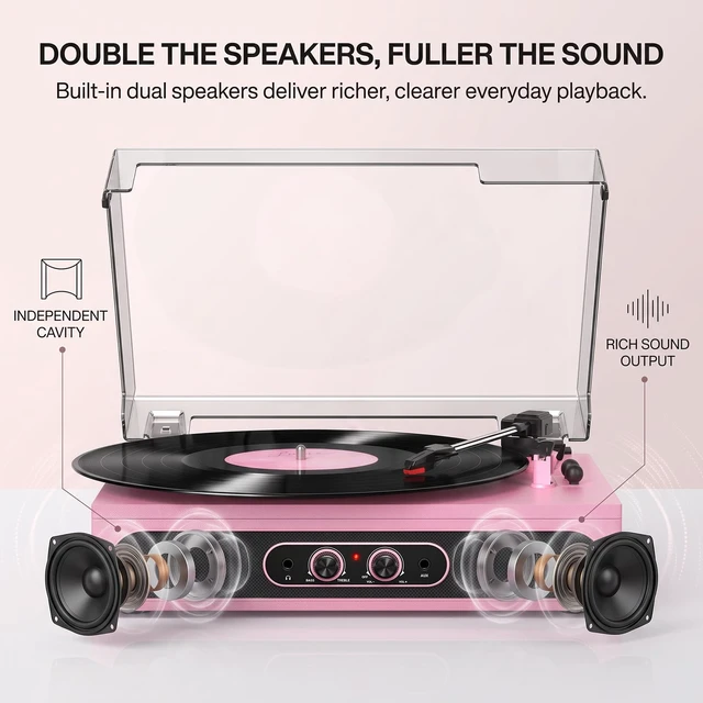 Alt view image 3 of 7 - Pink Vinyl Record Player with Built-in Speakers, 3-Speed Belt-Driven Turntable for Vinyl Records, Wireless Bluetooth, Tone Adjust Control, RCA, AUX, Headphone Jack & Dust Cover