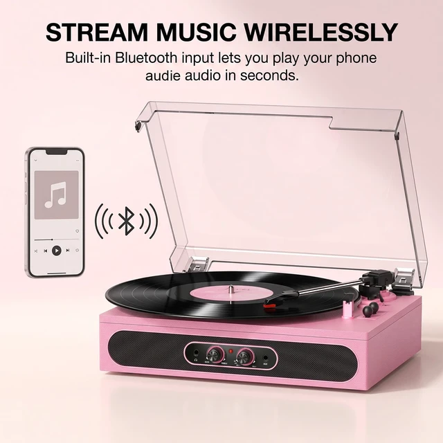 Alt view image 5 of 7 - Pink Vinyl Record Player with Built-in Speakers, 3-Speed Belt-Driven Turntable for Vinyl Records, Wireless Bluetooth, Tone Adjust Control, RCA, AUX, Headphone Jack & Dust Cover