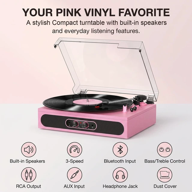 Alt view image 6 of 7 - Pink Vinyl Record Player with Built-in Speakers, 3-Speed Belt-Driven Turntable for Vinyl Records, Wireless Bluetooth, Tone Adjust Control, RCA, AUX, Headphone Jack & Dust Cover