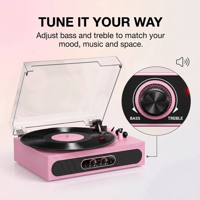 Alt view image 2 of 7 - Pink Vinyl Record Player with Built-in Speakers, 3-Speed Belt-Driven Turntable for Vinyl Records, Wireless Bluetooth, Tone Adjust Control, RCA, AUX, Headphone Jack & Dust Cover