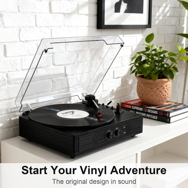 Alt view image 2 of 7 - Vinyl Record Player with Built-in Speakers, 3-Speed Belt Driven Turntable for Records, Black Wood Grain Phonograph with Bluetooth, Bass Treble Control, RCA, AUX & Dust Cover (TE-2030)