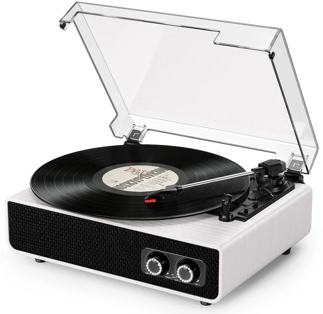 Main image of Vintage Mid-Century Record Player with Speakers, Bluetooth Playback, Bass Treble Tone Control, RCA Line-Out, Belt-Drive 3-Speed Turntable, White Wood