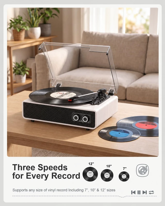 Alt view image 4 of 7 - Vintage Mid-Century Record Player with Speakers, Bluetooth Playback, Bass Treble Tone Control, RCA Line-Out, Belt-Drive 3-Speed Turntable, White Wood