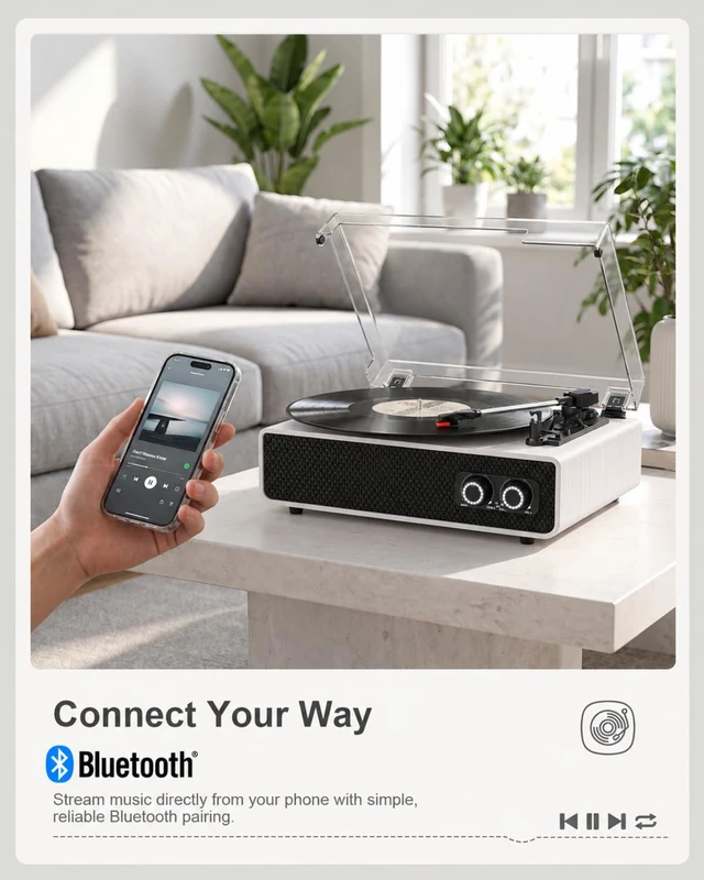 Alt view image 2 of 7 - Vintage Mid-Century Record Player with Speakers, Bluetooth Playback, Bass Treble Tone Control, RCA Line-Out, Belt-Drive 3-Speed Turntable, White Wood
