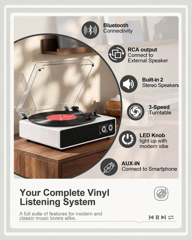 Alt view image 5 of 7 - Vintage Mid-Century Record Player with Speakers, Bluetooth Playback, Bass Treble Tone Control, RCA Line-Out, Belt-Drive 3-Speed Turntable, White Wood