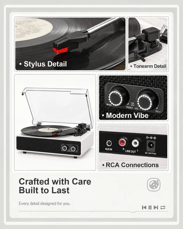 Alt view image 6 of 7 - Vintage Mid-Century Record Player with Speakers, Bluetooth Playback, Bass Treble Tone Control, RCA Line-Out, Belt-Drive 3-Speed Turntable, White Wood