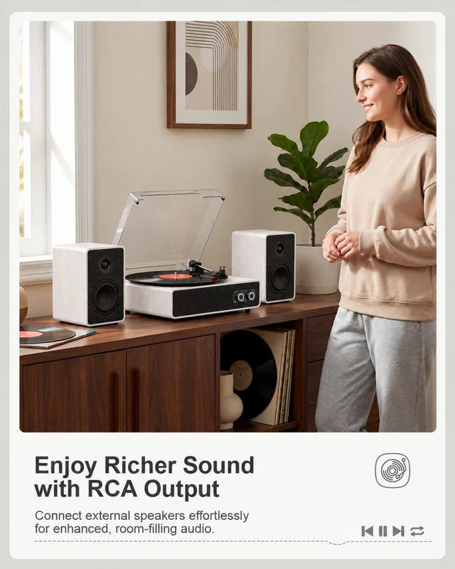 Alt view image 7 of 7 - Vintage Mid-Century Record Player with Speakers, Bluetooth Playback, Bass Treble Tone Control, RCA Line-Out, Belt-Drive 3-Speed Turntable, White Wood