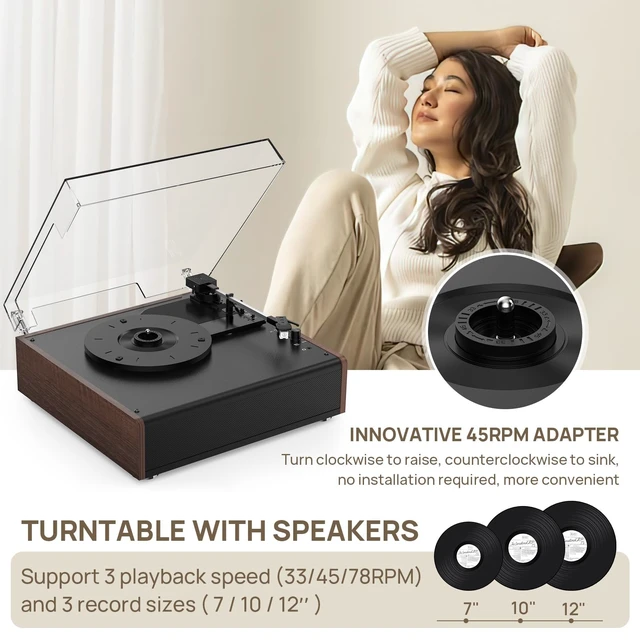Alt view image 4 of 7 - Vinyl Record Player Bluetooth Wireless Turntable with Built-in Speakers and 3 Speed Belt-Driven Vintage Phonograph Record Player with Magnetic Cartridge, RCA Out, Aux in, Headphone Jack (Brown)