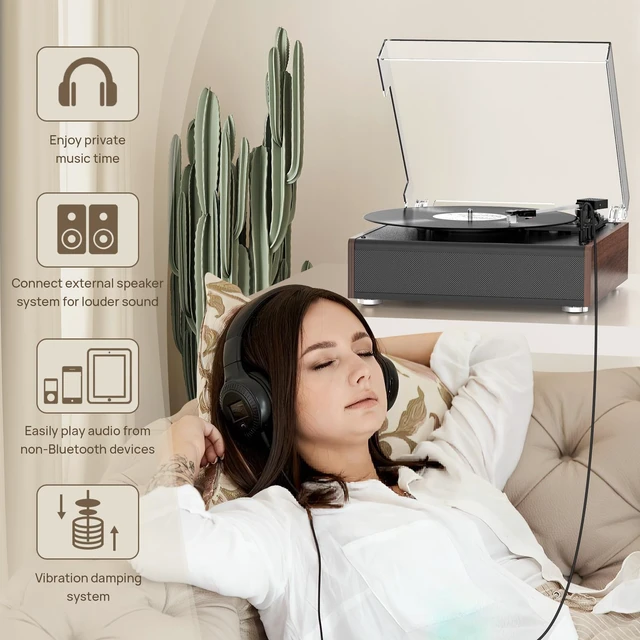 Alt view image 6 of 7 - Vinyl Record Player Bluetooth Wireless Turntable with Built-in Speakers and 3 Speed Belt-Driven Vintage Phonograph Record Player with Magnetic Cartridge, RCA Out, Aux in, Headphone Jack (Brown)