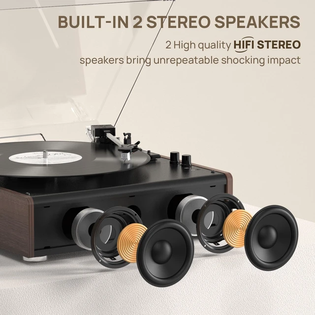 Alt view image 3 of 7 - Vinyl Record Player Bluetooth Wireless Turntable with Built-in Speakers and 3 Speed Belt-Driven Vintage Phonograph Record Player with Magnetic Cartridge, RCA Out, Aux in, Headphone Jack (Brown)