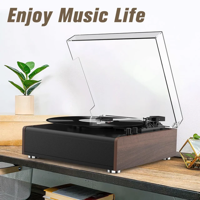 Alt view image 7 of 7 - Vinyl Record Player Bluetooth Wireless Turntable with Built-in Speakers and 3 Speed Belt-Driven Vintage Phonograph Record Player with Magnetic Cartridge, RCA Out, Aux in, Headphone Jack (Brown)
