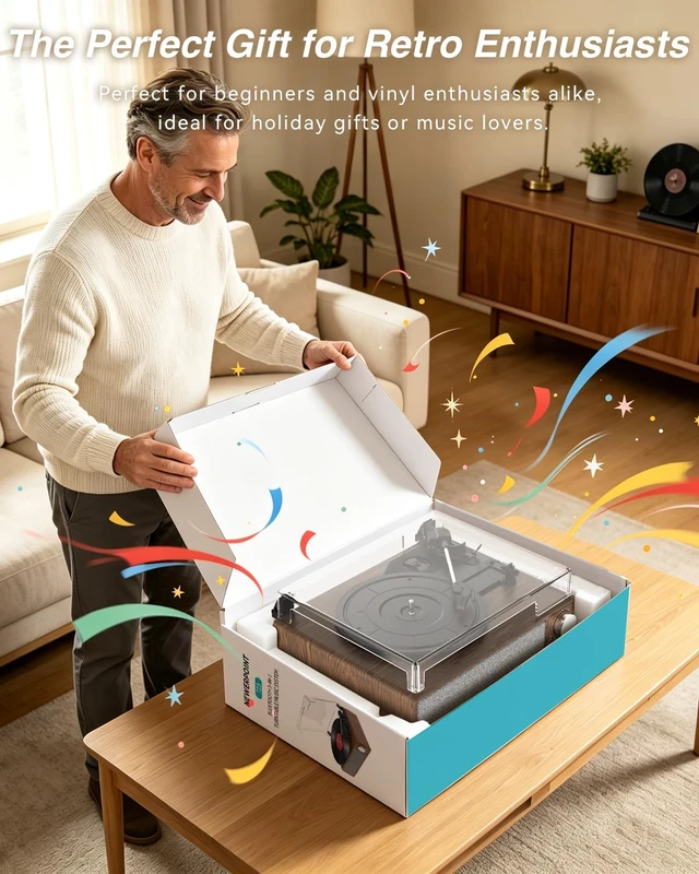 Alt view image 7 of 7 - NEWERPOINT Record Player with Speakers, Vinyl Record Player Turntable | 3-Speed, Built-in Speakers, Bluetooth Transmitter, Auto Stop, RCA Output, USB & Headphone Jacks, Vintage Wooden Design