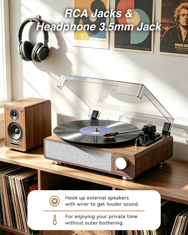 Alt view image 3 of 7 - NEWERPOINT Record Player with Speakers, Vinyl Record Player Turntable | 3-Speed, Built-in Speakers, Bluetooth Transmitter, Auto Stop, RCA Output, USB & Headphone Jacks, Vintage Wooden Design