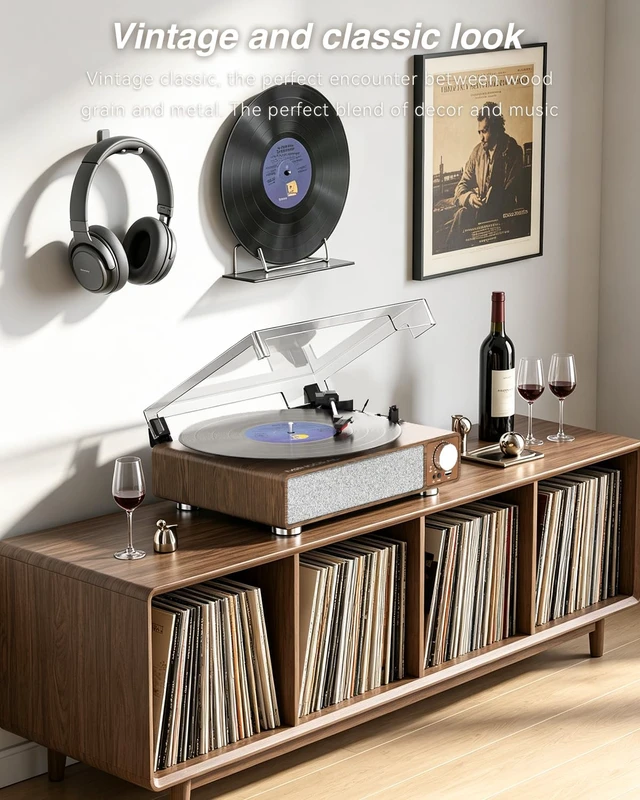 Alt view image 6 of 7 - NEWERPOINT Record Player with Speakers, Vinyl Record Player Turntable | 3-Speed, Built-in Speakers, Bluetooth Transmitter, Auto Stop, RCA Output, USB & Headphone Jacks, Vintage Wooden Design
