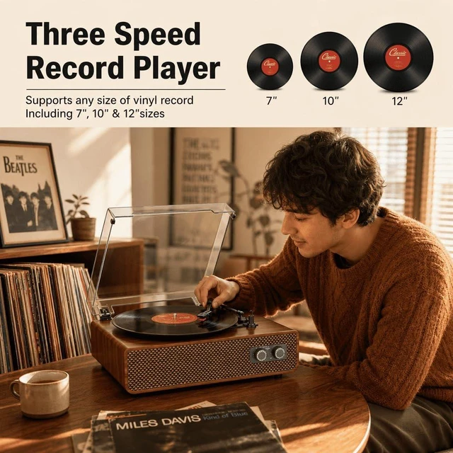 Alt view image 3 of 7 - Vinyl Record Player with Bluetooth, Vintage 3 Speed Turntable Light Brown | Belt-Drive Turntable LP Player with Upgraded Speakers, Sound Cavity & Balanced Counterweight, RCA Output, Aux-in