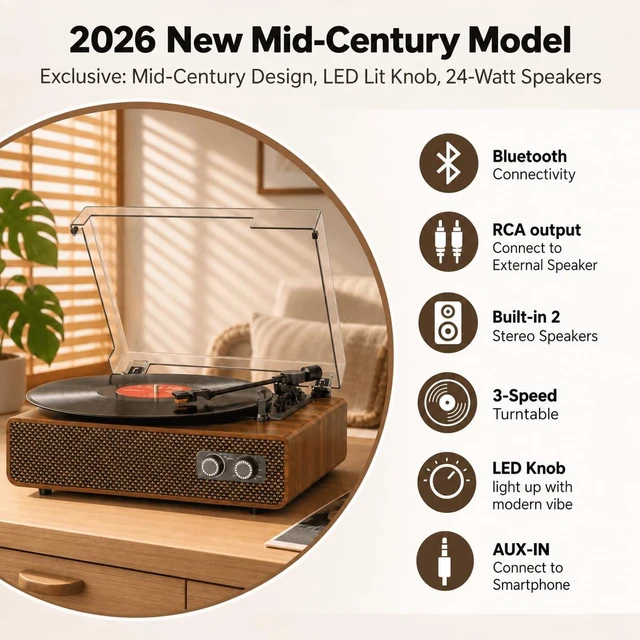 Alt view image 2 of 7 - Vinyl Record Player with Bluetooth, Vintage 3 Speed Turntable Light Brown | Belt-Drive Turntable LP Player with Upgraded Speakers, Sound Cavity & Balanced Counterweight, RCA Output, Aux-in