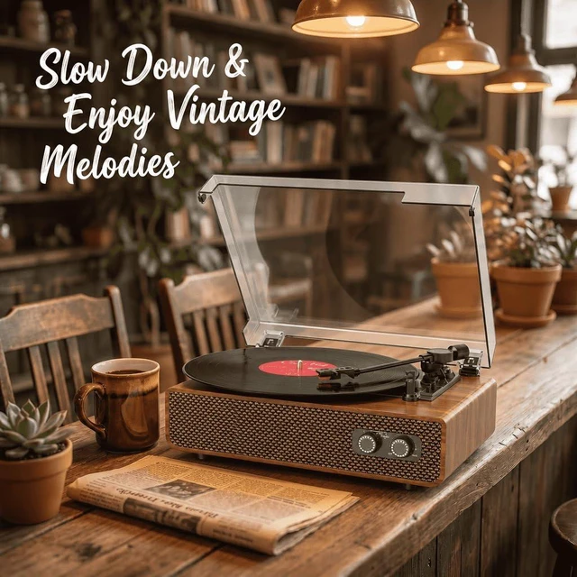 Alt view image 7 of 7 - Vinyl Record Player with Bluetooth, Vintage 3 Speed Turntable Light Brown | Belt-Drive Turntable LP Player with Upgraded Speakers, Sound Cavity & Balanced Counterweight, RCA Output, Aux-in