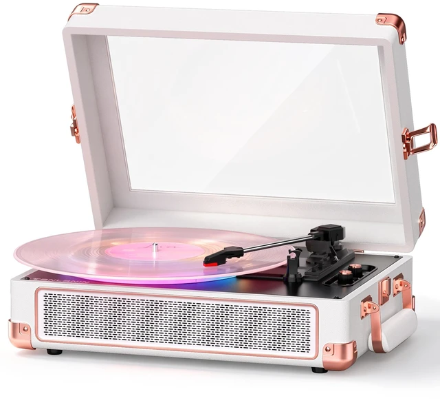 Main image of RGB Vinyl Record Player with Speakers, Clear Viewing Window, White | Portable Bluetooth suitcase turntable with tone control & 3-speed playback, designed for stylish home decor and music gifting