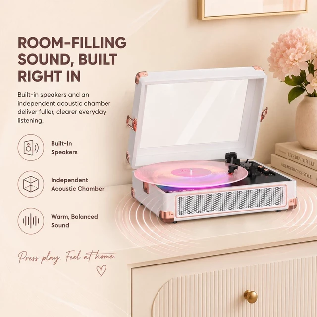 Alt view image 2 of 7 - RGB Vinyl Record Player with Speakers, Clear Viewing Window, White | Portable Bluetooth suitcase turntable with tone control & 3-speed playback, designed for stylish home decor and music gifting