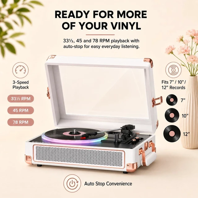 Alt view image 3 of 7 - RGB Vinyl Record Player with Speakers, Clear Viewing Window, White | Portable Bluetooth suitcase turntable with tone control & 3-speed playback, designed for stylish home decor and music gifting