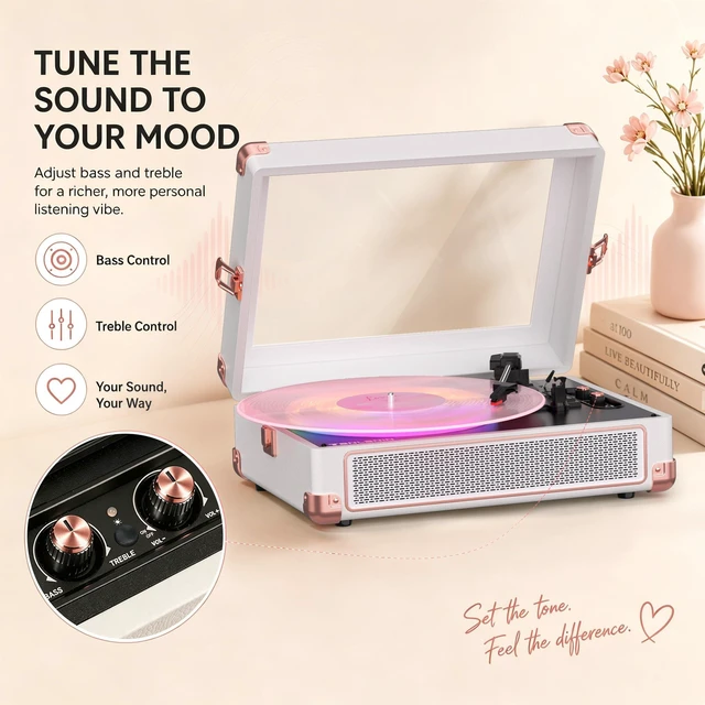 Alt view image 6 of 7 - RGB Vinyl Record Player with Speakers, Clear Viewing Window, White | Portable Bluetooth suitcase turntable with tone control & 3-speed playback, designed for stylish home decor and music gifting