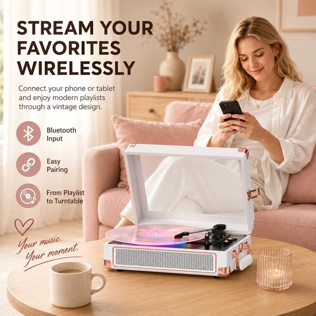 Alt view image 4 of 7 - RGB Vinyl Record Player with Speakers, Clear Viewing Window, White | Portable Bluetooth suitcase turntable with tone control & 3-speed playback, designed for stylish home decor and music gifting