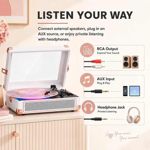 Alt view image 7 of 7 - RGB Vinyl Record Player with Speakers, Clear Viewing Window, White | Portable Bluetooth suitcase turntable with tone control & 3-speed playback, designed for stylish home decor and music gifting