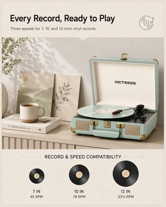 Alt view image 2 of 7 - Vinyl Record Player, Portable Bluetooth in & Out Turntable, Green | Suitcase Record Player, Vinyl Player Built-in Speakers, Vinyl to Digital, 3-Speed Belt-Drive, AUX In, RCA Out, Headphone Jack