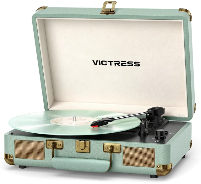 Main image of Vinyl Record Player, Portable Bluetooth in & Out Turntable, Green | Suitcase Record Player, Vinyl Player Built-in Speakers, Vinyl to Digital, 3-Speed Belt-Drive, AUX In, RCA Out, Headphone Jack