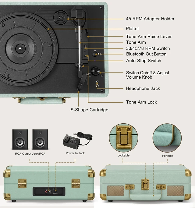 Alt view image 3 of 7 - Vinyl Record Player, Portable Bluetooth in & Out Turntable, Green | Suitcase Record Player, Vinyl Player Built-in Speakers, Vinyl to Digital, 3-Speed Belt-Drive, AUX In, RCA Out, Headphone Jack