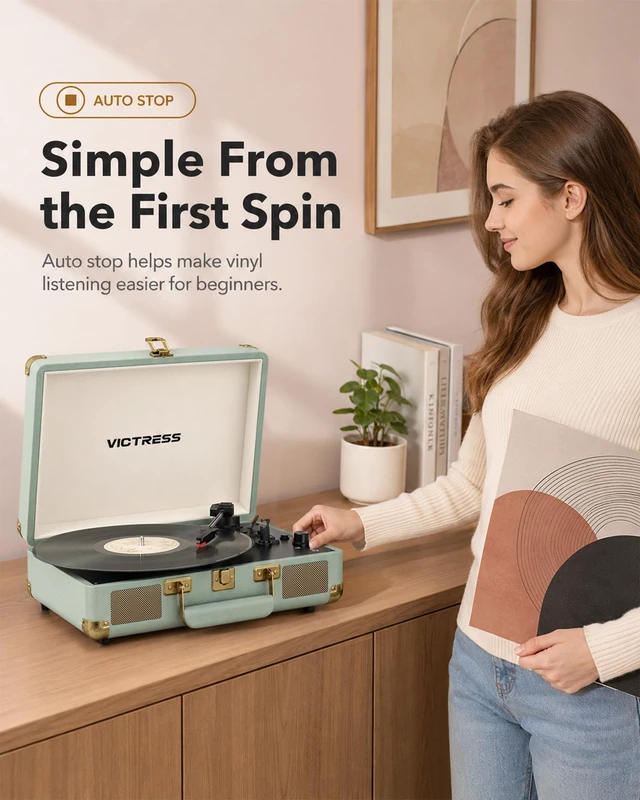 Alt view image 4 of 7 - Vinyl Record Player, Portable Bluetooth in & Out Turntable, Green | Suitcase Record Player, Vinyl Player Built-in Speakers, Vinyl to Digital, 3-Speed Belt-Drive, AUX In, RCA Out, Headphone Jack