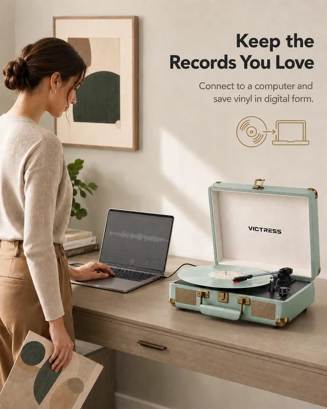 Alt view image 5 of 7 - Vinyl Record Player, Portable Bluetooth in & Out Turntable, Green | Suitcase Record Player, Vinyl Player Built-in Speakers, Vinyl to Digital, 3-Speed Belt-Drive, AUX In, RCA Out, Headphone Jack