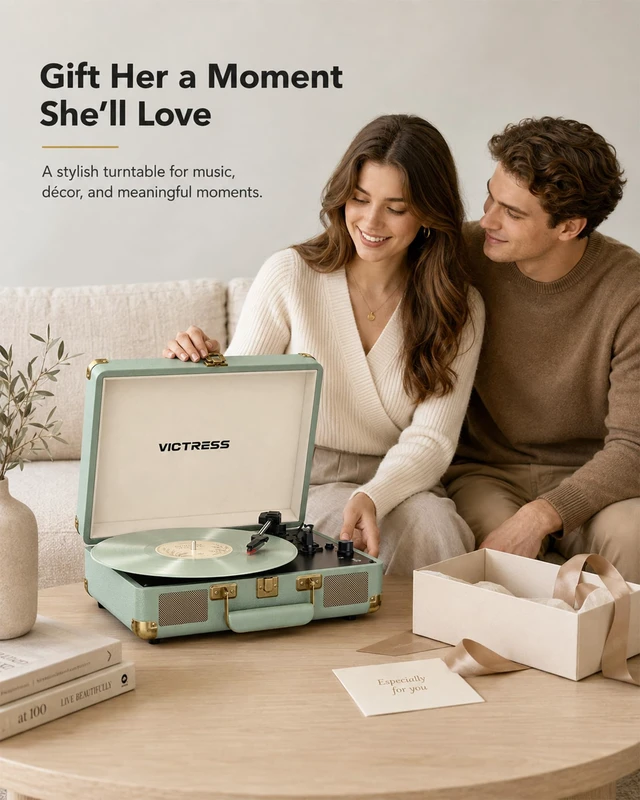 Alt view image 6 of 7 - Vinyl Record Player, Portable Bluetooth in & Out Turntable, Green | Suitcase Record Player, Vinyl Player Built-in Speakers, Vinyl to Digital, 3-Speed Belt-Drive, AUX In, RCA Out, Headphone Jack