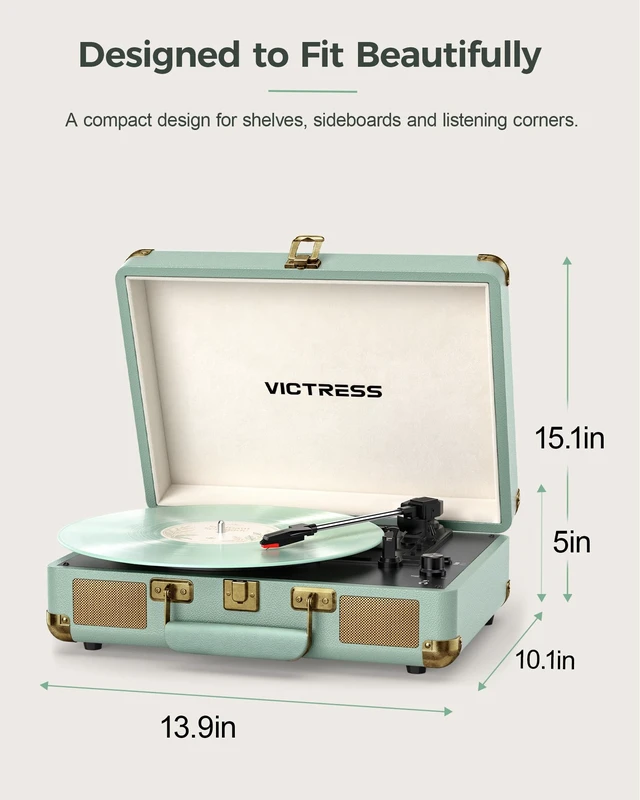 Alt view image 7 of 7 - Vinyl Record Player, Portable Bluetooth in & Out Turntable, Green | Suitcase Record Player, Vinyl Player Built-in Speakers, Vinyl to Digital, 3-Speed Belt-Drive, AUX In, RCA Out, Headphone Jack